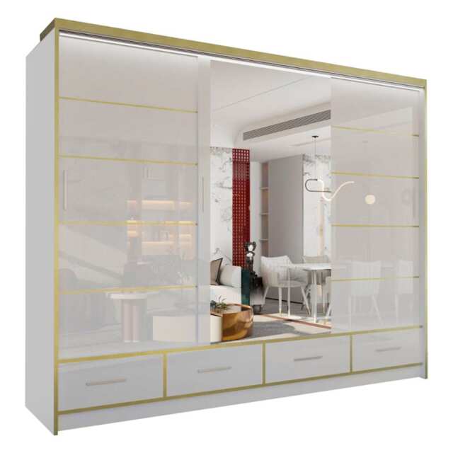 Sliding Wardrobes 4U Sydney High Gloss Sliding Wardrobe with Mirror, LED & Drawers - 203cm or 253cm White White203 253cm