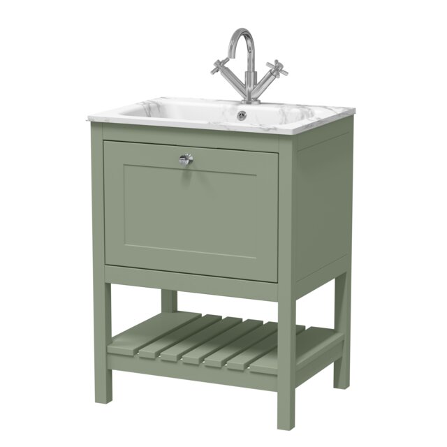 Balterley Coppenhall Contemporary 1 Drawer Floor Standing Vanity Unit with Stone Basin, Fern Green, 600mm