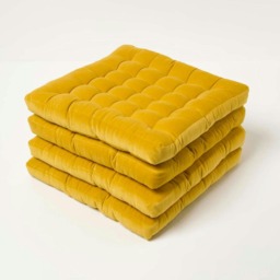 Homescapes 4 x Seat Pads Luxury Cotton Velvet Indoor Outdoor Garden Dining Cushion Yellow 40 x 40 cm 4