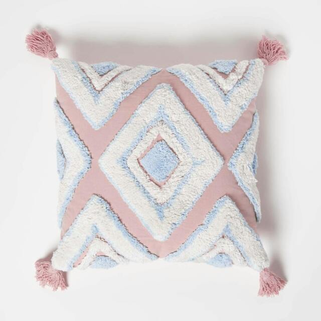 Homescapes Geometric Ikat Blue & Pink Tufted Cotton Cushion with Tassels - 45 x 45 cm Multi Blue, Pink, White 1