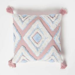 Homescapes Geometric Ikat Blue & Pink Tufted Cotton Cushion with Tassels - 45 x 45 cm Multi Blue, Pink, White 1