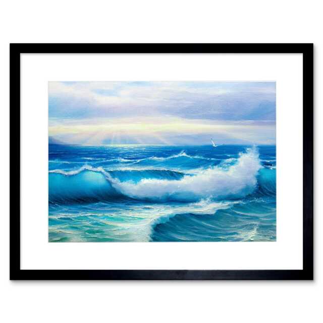 "Sunshine Sun Rays Breaking Waves Seascape Bathroom 9x7"" Black Framed Wall Art Print"