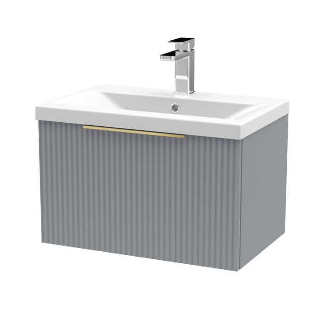 Balterley Fluted Front Wall Hung 1-Drawer Bathroom Vanity Unit with 1 Tap Hole Basin, Handles Grey Satin Grey
