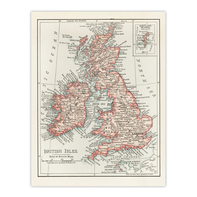 "1900 British Isles Map Rand Mcnally Vintage Huge Wall Art Poster Print 24X32"""