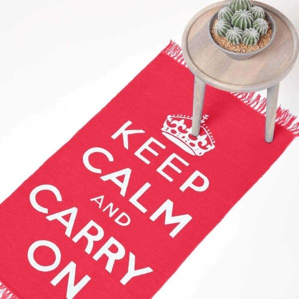 Homescapes Keep Calm And Carry On Handwoven Cotton Rug in Cream & Red - 60 x 100 cm Red Cream & red