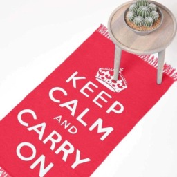Homescapes Keep Calm And Carry On Handwoven Cotton Rug in Cream & Red - 60 x 100 cm Red Cream & red