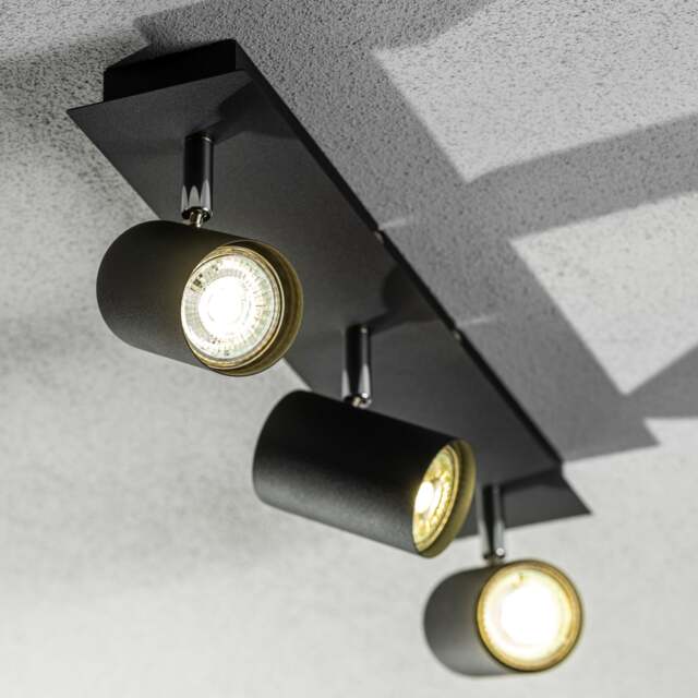 CGC VENETO Black 3-Head GU10 Adjustable Ceiling Spotlight Bar Light Black Black height: 12 cm, cylinder width: 5.3 cm, base plate length 45 cm, base plate width 8cm, base plate depth 2.5cm
