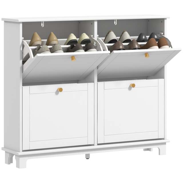 HOMCOM Narrow Shoe Cabinet with 4 Flip Drawers Adjustable Shelves, White White Gold 1