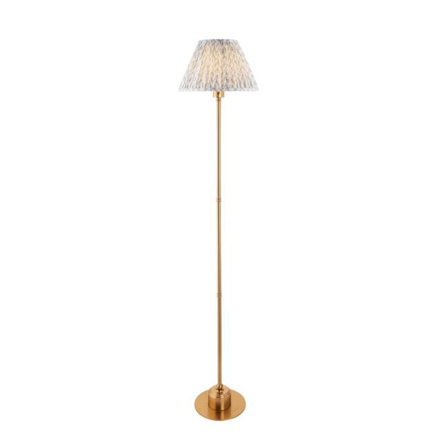 Burley Rechargeable Brushed Aged Brass Plate Floor Lamp with Shell Bay Blue Fabric Leaf Shade 30cm Integrated LED