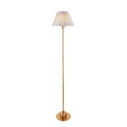 Burley Rechargeable Brushed Aged Brass Plate Floor Lamp with Shell Bay Blue Fabric Leaf Shade 30cm Integrated LED