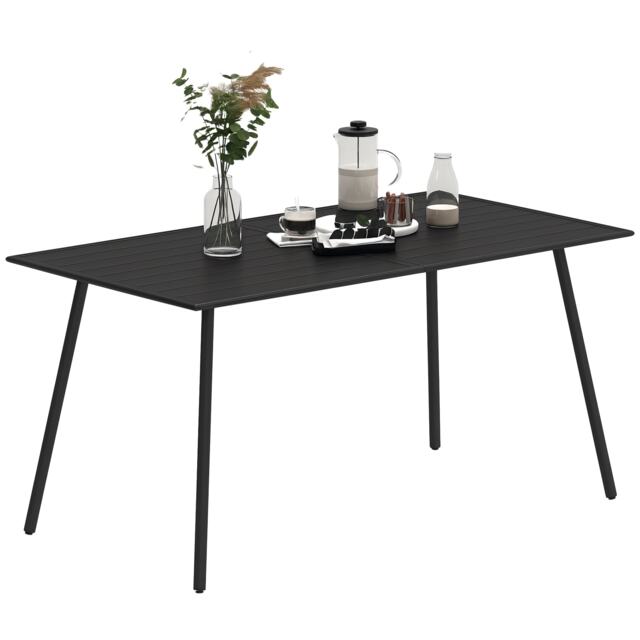 Outsunny Garden Dining Table for 6 Person, Rectangle Outdoor Table with Easy Clean Slat Top, Rust Resistant Steel Frame, for Terrace, Balcony, 150 x 80 x 74 cm, Black Black