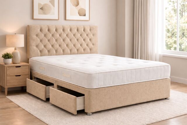 4ft6 Double Beige Linen Divan Bed With Headboard & Memory Sprung Mattress No Drawers