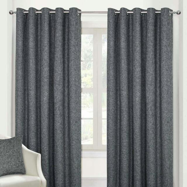 Homescapes Dark Grey Heavy Weight Textured Blackout Lined Thermal Eyelet Curtain Pair - 66 x 72 Inches Grey Dark Grey
