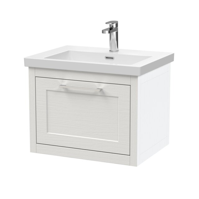 Balterley Traditional Bathroom Wall Hung 1 Drawer Vanity Unit and 1 Tap Hole Modern Fireclay Basin White Nimbus White