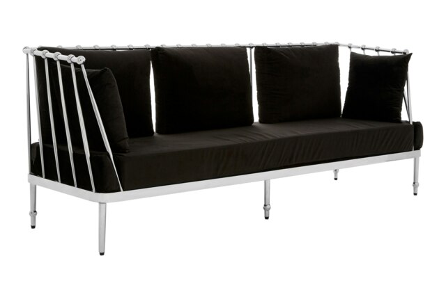 Sleek 3 Seat Silver Finish Tapered Arms Sofa, Stylish Mid Century Sofa For Bedroom, Sturdy 3 Seater Sofa Silver Three Seater