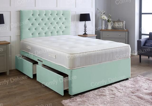 4ft Small Double Duck Egg Plush Velvet Divan Bed With Headboard & Memory Sprung Mattress 2 Drawers One Each Side