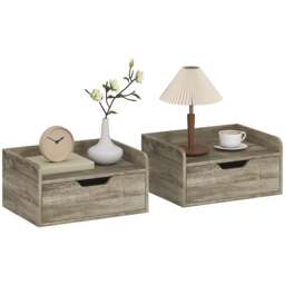 HOMCOM Floating Nightstands Set of 2, Nightstand with Drawer Grey Natural wood 40W x 30D x 19.5H cm