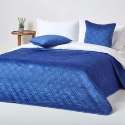 Homescapes Navy Blue Paragon Diamond Geometric Velvet Bedspread - 200 x 200 cm