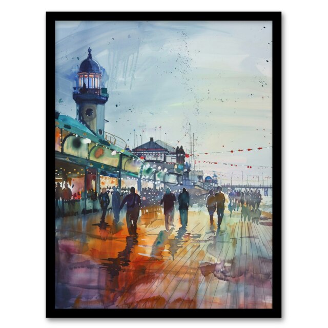 Evening Promenade Walk Watercolour Living Room Black Framed Wall Art Print A4