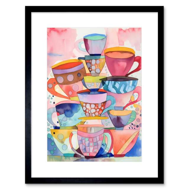 "Abstract Kitchen Cups Saucers Folk Art 9x7"" Black Framed Wall Art Print"