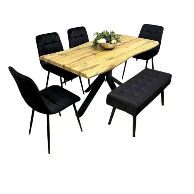 Dining Set Of 5 Dining Table Set with 4 black Velvet Chairs And 1 Black Bench Dining Room Furniture