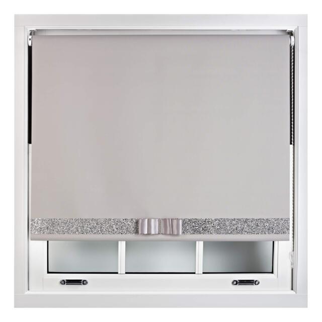 FURNISHED Blackout Roller Blind with Silver Glitter Trim and Grey Bow Trimmable Window Shade Grey Grey (W) 125cm x (L) 210cm