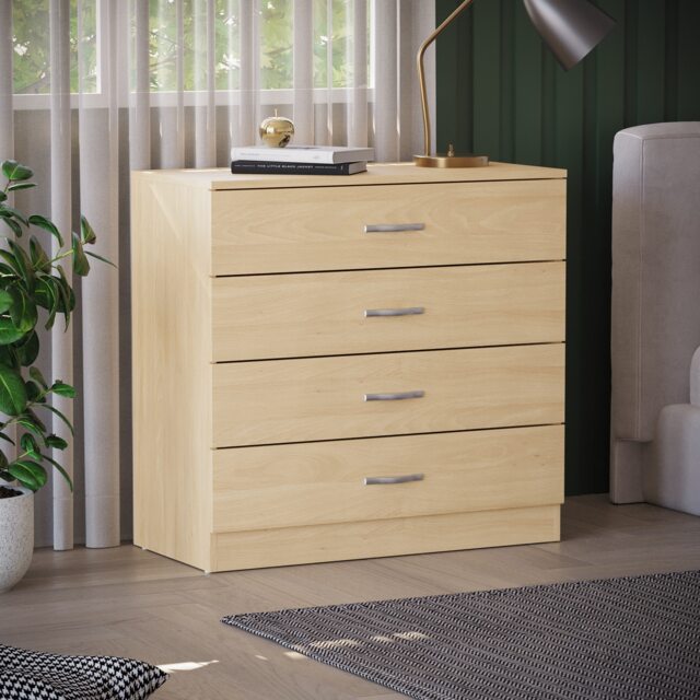 Vida Designs Riano 4 Drawer Chest of Drawers Bedroom Storage, Pine