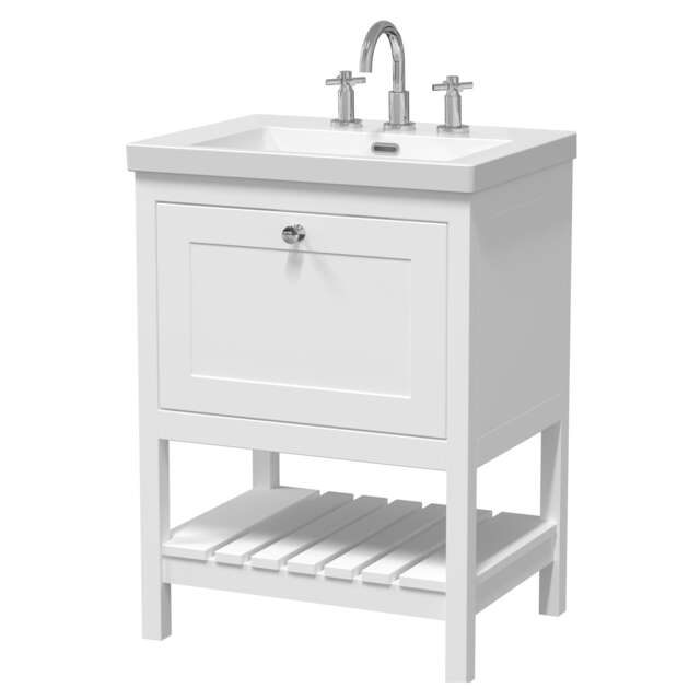 Balterley Coppenhall Contemporary 1 Drawer Floor Standing Vanity Unit with Fireclay Basin, Pure White, 600mm