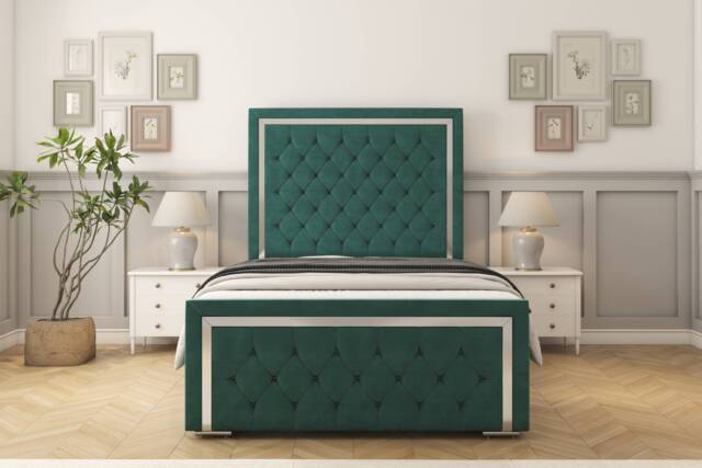 "Sloomy Sofia Chrome Emerald Plush Bed Frame With 50"" Upholstered Headboard 3' Single"