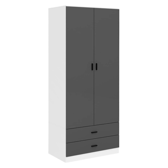 2-Door 2-Drawer Wardrobe with Storage Shelf, and Hanging Space - 180x75x46cm White White & Black 1