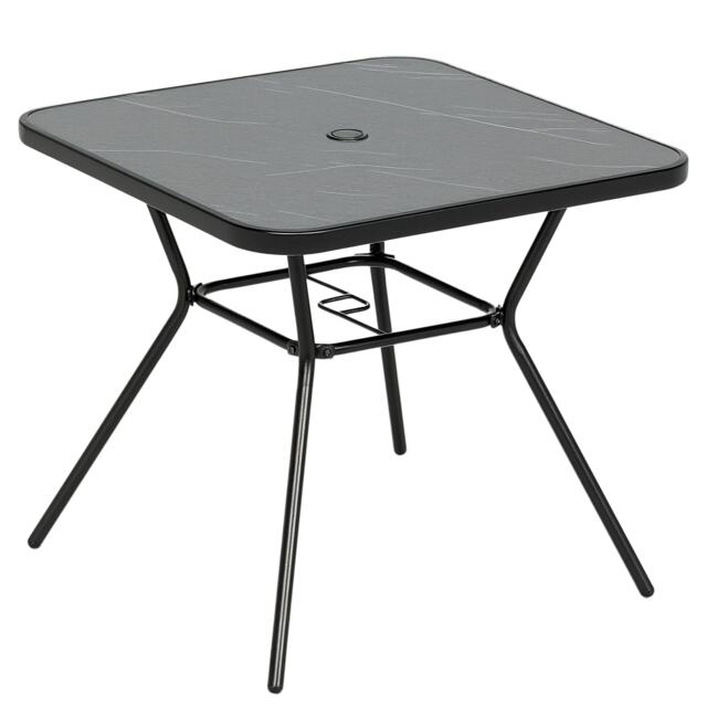 Outsunny 80x80cm Outdoor Dining Table, Faux marbled Garden Table with Umbrella Hole, Square Patio Table with Steel Frame for Porch, Balcony, Black