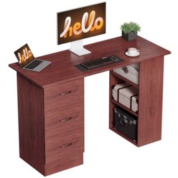 HOMCOM Computer Desk, Writing Table, PC Workstation with 3 Storage Shelves and Drawers, Silver Handle, for Home Office, Walnut Brown