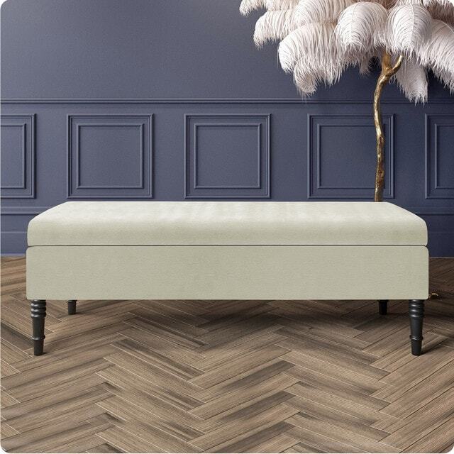120cm Safar Plain Ottoman Storage Bench -Naples Shoes Bench with Black Turned Wooden Legs - Cream Upholstery Footstool Storage