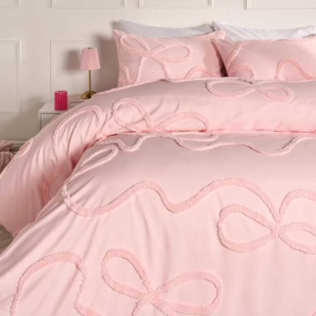 OHS Tufted Bow Bedding Set Duvet Cover with Pillowcase Pink Pink Double
