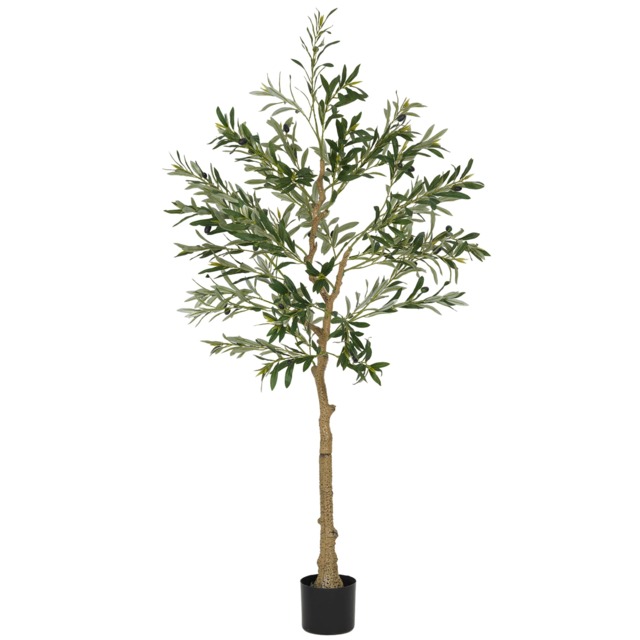 HOMCOM 5ft 150cm Decorative Artificial Plant, Silk Olive Tree with 720 Leaves and 32 Olive Fruits in Pot, Fake Plant for Home, Office, Living Room, Indoor Decor Green