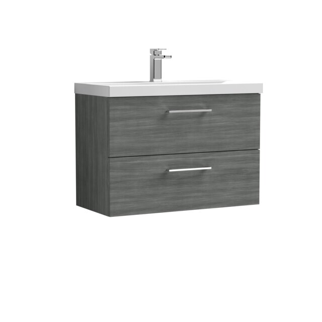 Balterley Level Modern Bathroom Wall Hung 2 Soft Close Drawer Vanity Unit & Mid-Edge Basin Grey Anthracite Woodgrain