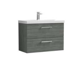 Balterley Level Modern Bathroom Wall Hung 2 Soft Close Drawer Vanity Unit & Mid-Edge Basin Grey Anthracite Woodgrain