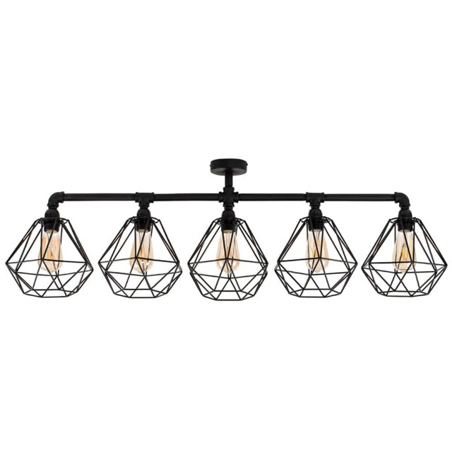 ValueLights Luiggi 5 Way Black Ceiling Bar Diablo Black Wire Shades and Bulbs