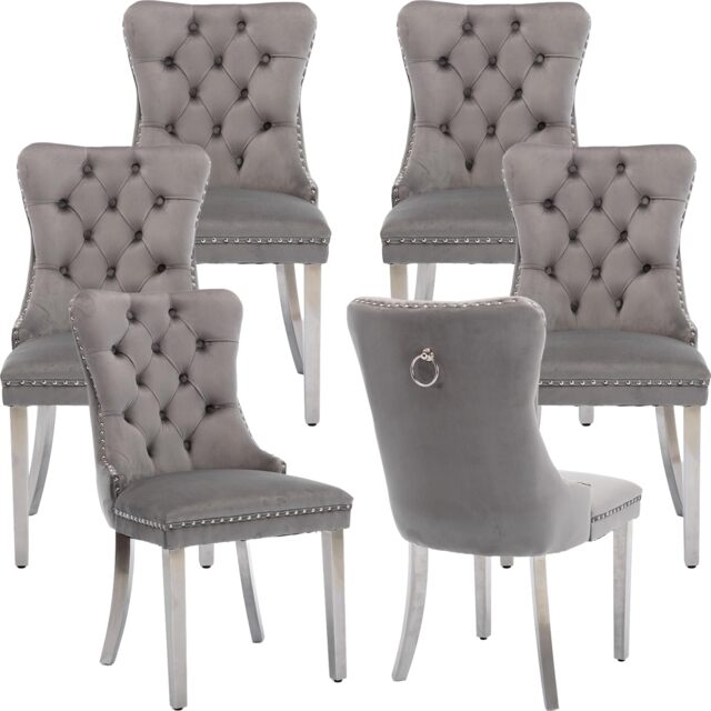 Winchester Set of 6 Velvet Dining Chairs with Metal Legs