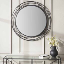 Round Black Metal Mirror with Sculptural Swirl Frame