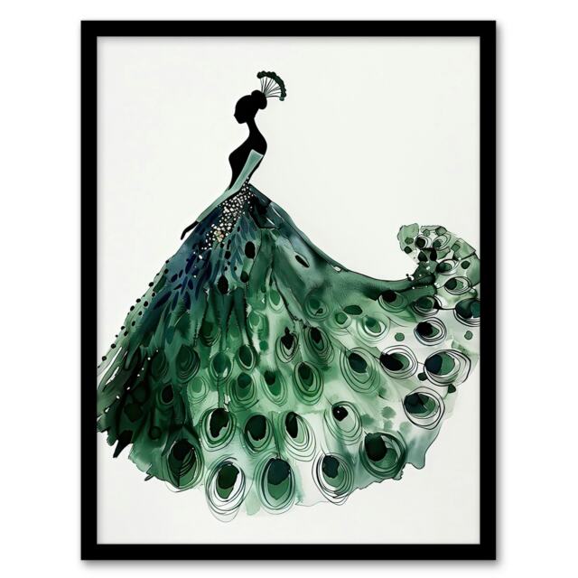 Glamorous Peacock Fashion Dress Silhouette Black Framed Wall Art Print A4