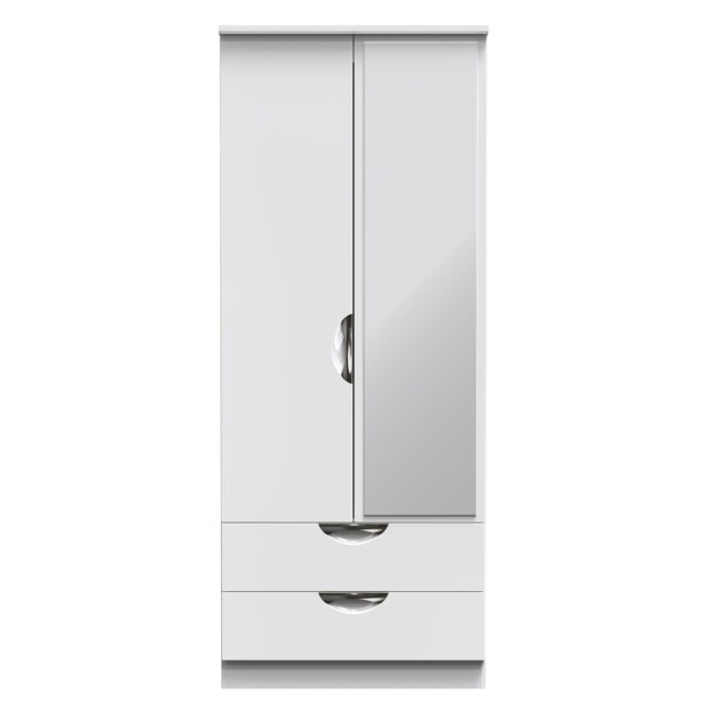 Holborn 2 Drawer Double Mirrored Wardrobe in White Gloss & White (Ready Assembled) White White Gloss & White