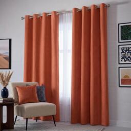 Velvet Chenille Eyelet Curtains Ready Made Pair - 142cm x 137cm - Orange