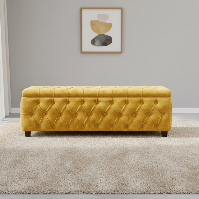 150cm Riga Ottoman Storage Box with Wooden Legs, Mustard Gold Velvet Upholstered Chesterfield Storage Ottoman Box