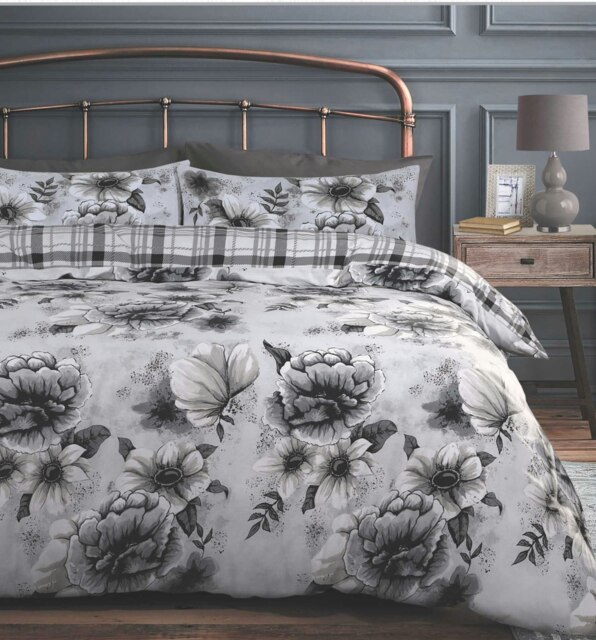 Velosso Cassia Floral Reversible Printed Cotton Blend Duvet Cover and Pillowcase Set Grey Double