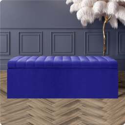 150cm Safar Large Striped Storage Ottoman Box, Sapphire Blue Plush Velvet Upholstered Deep Storage Ottoman End of Bed Bench