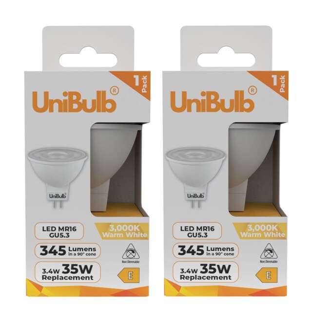 UniBulb LED MR16 GU5.3 345lm 3.4W (Replaces 35W) 3000K (Warm White) Spot Downlight Ceiling Light Bulb - Pack of 2 Clear Warm White MR16 2