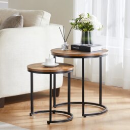 Vida Designs Brooklyn Round Nest of Tables 2 Piece Set Nesting Sofa Bedside Side Table, Dark Wood