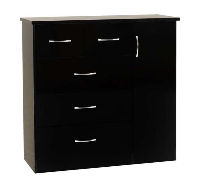 Nevada 5 Drawer Low Wardrobe - L46 x W117 x H115 cm - Black Gloss Black