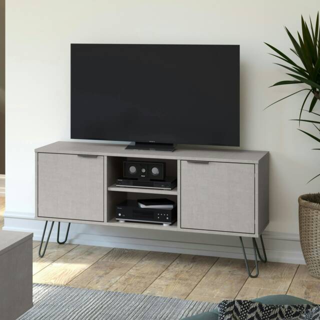 Augusta Pine 2-Door Wide TV Unit - Wooden Media Cabinet with Hairpin Legs and Rustic Finish Grey Grey 1